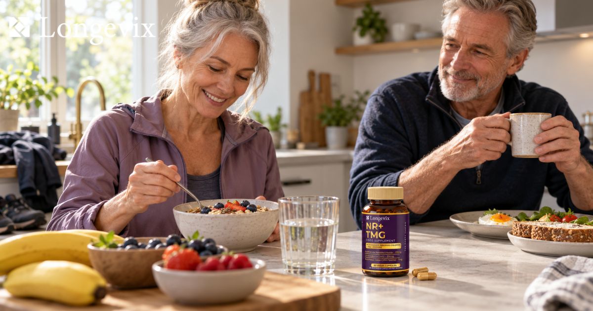 Longevix NR plus TMG capsules at a breakfast table with two older adults